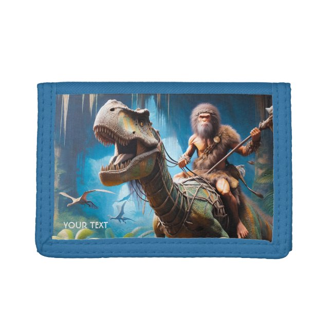 Fantasy Cute Neanderthal Riding Dinosaur Trifold Wallet (Front)