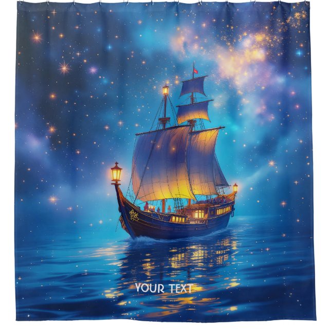Fantasy Cute Night Boat Sea Shower Curtain (Front)