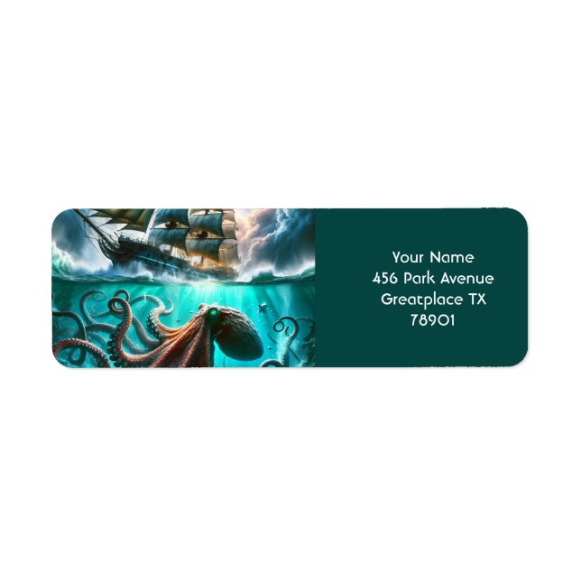 Fantasy Cute Octopus Sailing Ship Label (Front)