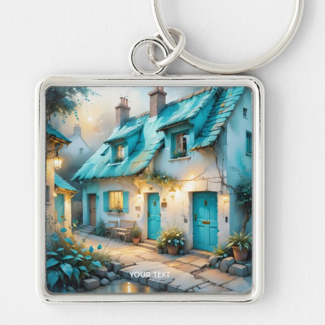 Fantasy Cute Old Blue House Keychain (Front)