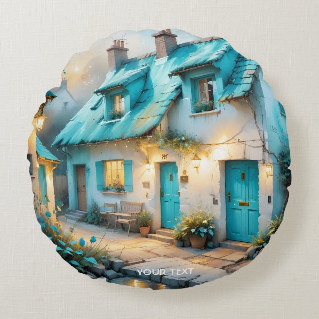 Fantasy Cute Old Blue House Round Pillow (Front)