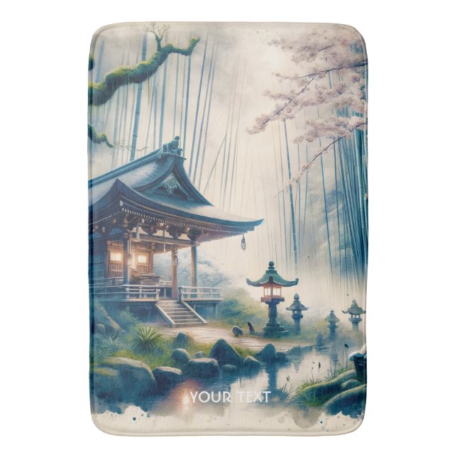 Fantasy Cute Old Japanese Shrine Bath Mat (Front Vertical)