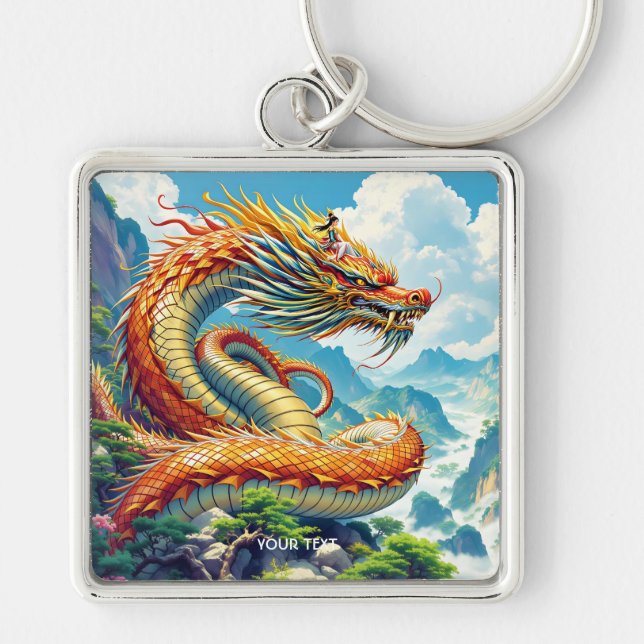 Fantasy Cute Orange Dragon Mountains Keychain (Front)