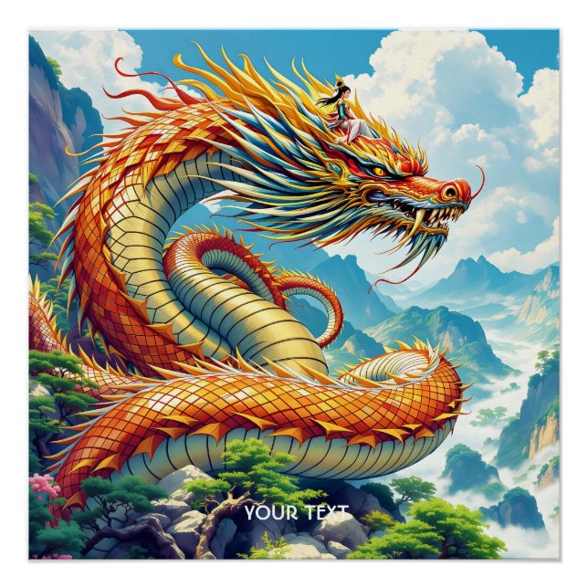 Fantasy Cute Orange Dragon Mountains Poster (Front)