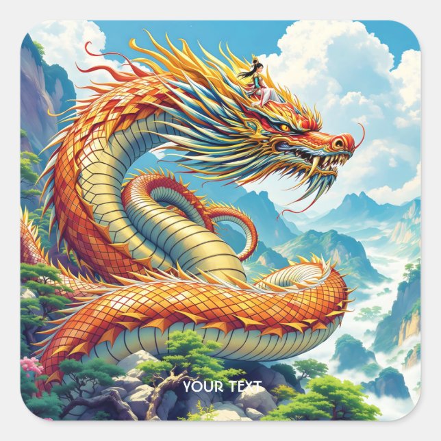 Fantasy Cute Orange Dragon Mountains Square Sticker (Front)