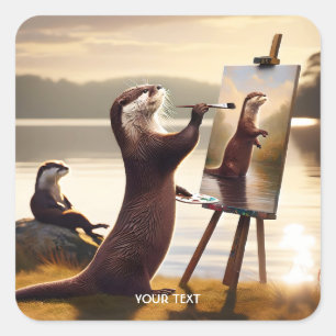 Fantasy Cute Otter Painting Portrait Square Sticker