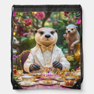 Fantasy Cute Otter Tea Party Drawstring Bag