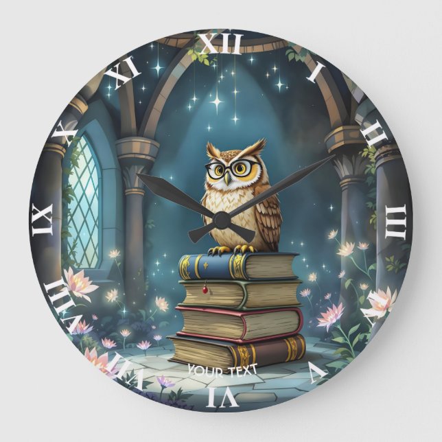 Fantasy Cute Owl Glasses Books Large Clock (Front)