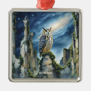 Fantasy Cute Owl Old Ruins Metal Ornament