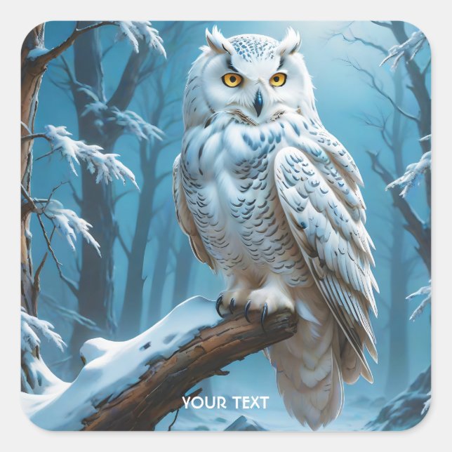 Fantasy Cute Owl Snow Tree Square Sticker (Front)