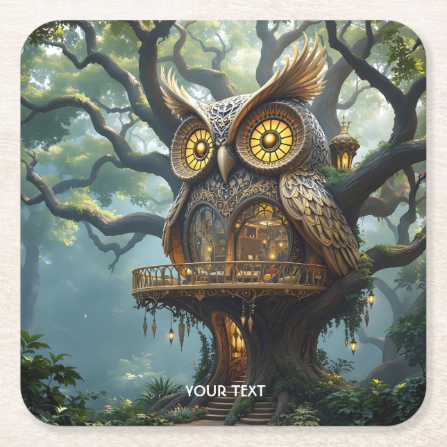 Fantasy Cute Owl Tree Forest Square Paper Coaster (Front)