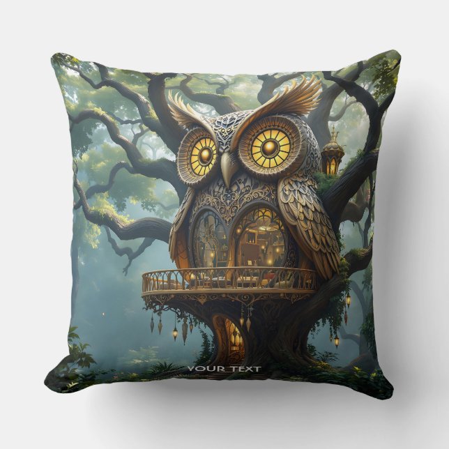 Fantasy Cute Owl Tree Forest Throw Pillow (Front)
