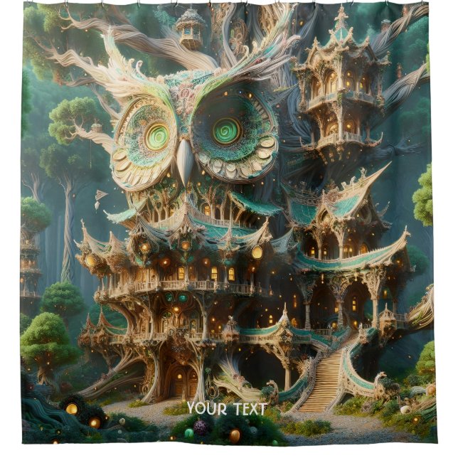 Fantasy Cute Owl Tree House  Shower Curtain (Front)