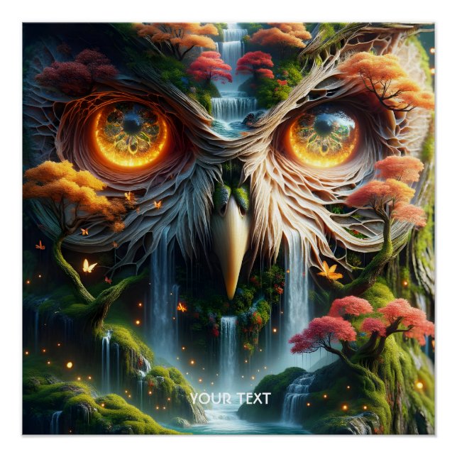 Fantasy Cute Owl Waterfall Trees Poster (Front)