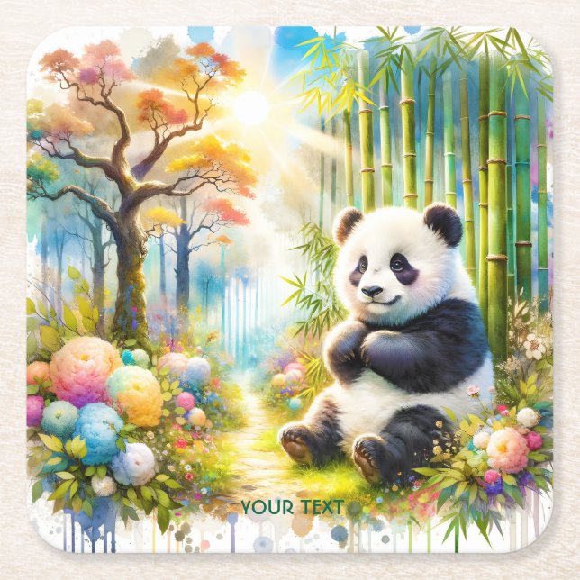 Fantasy Cute Panda Bamboo Forest Square Paper Coaster (Front)