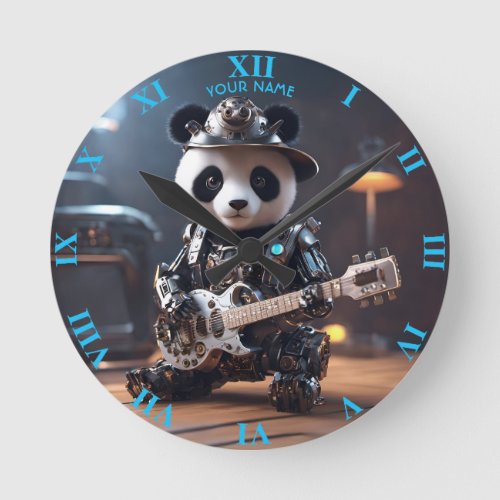 Fantasy Cute Panda Robot Guitar Round Clock