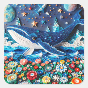 Fantasy Cute Paper Whale Flowers Square Sticker