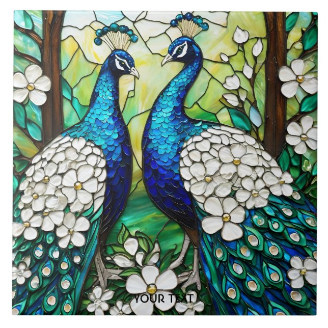 Fantasy Cute Peacock Stained Glass Ceramic Tile (Front)