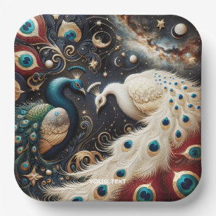Fantasy Cute Peacocks Crescent Feathers Paper Plates