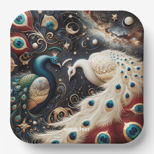 Fantasy Cute  Peacocks Crescent Feathers Paper Plates (Front)