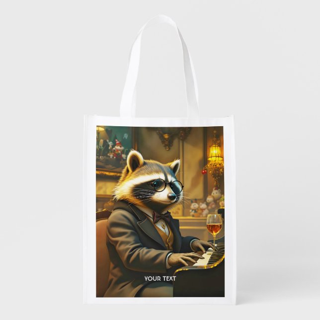 Fantasy Cute Piano Racoon Playing Grocery Bag (Front)