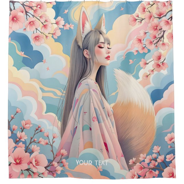Fantasy Cute Pink Fox Lady Shower Curtain (Front)