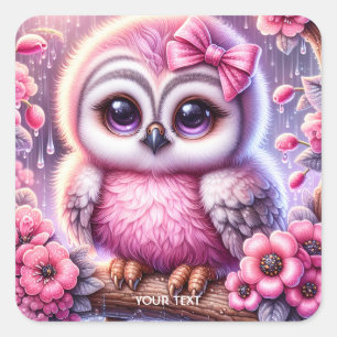 Fantasy Cute Pink Owl Sakura Square Sticker