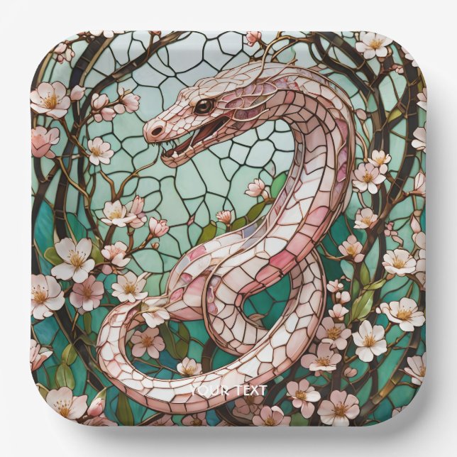 Fantasy Cute Pink Snake Sakura Paper Plates (Front)