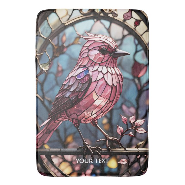 Fantasy Cute Pink Stain Glass Bird Bath Mat (Front Vertical)