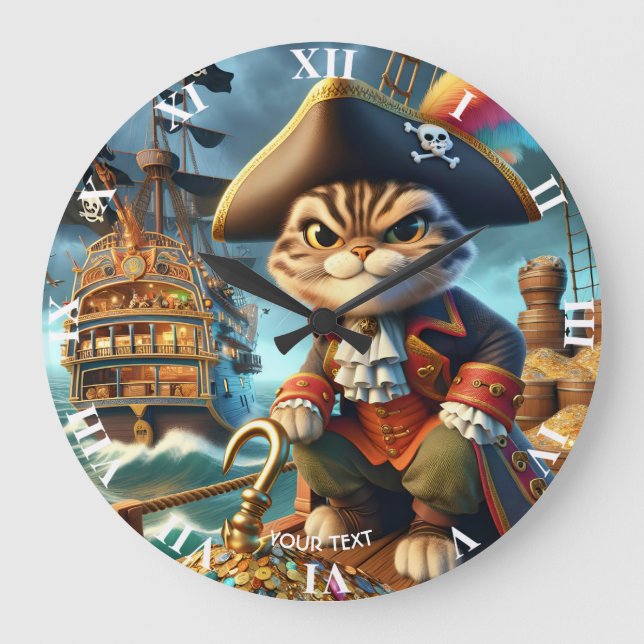 Fantasy Cute Pirate Cat Ship Large Clock (Front)