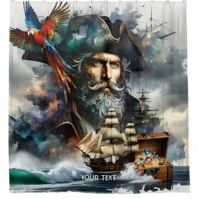 Fantasy Cute Pirate Sea Ship Shower Curtain (Front)