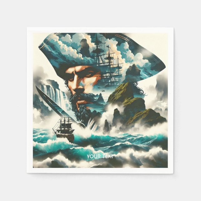 Fantasy Cute Pirate Ship Ocean Napkins (Front)