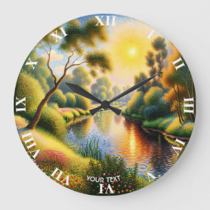 Fantasy Cute Pointillism Landscape River Large Clock