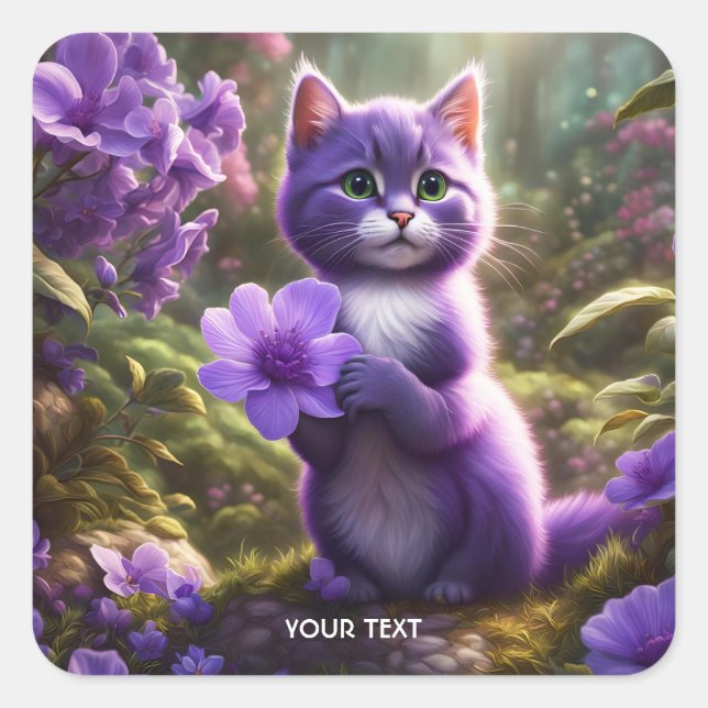 Fantasy Cute Purple Kitten Flower Square Sticker (Front)
