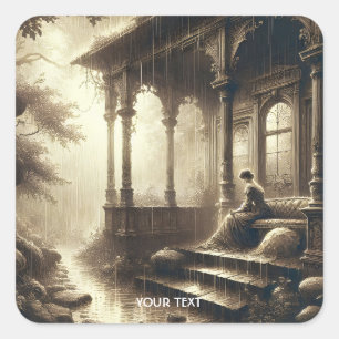 Fantasy Cute Rain Ruins Girl Square Sticker