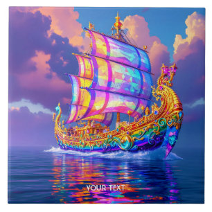 Fantasy Cute Rainbow Colors Ship Ceramic Tile