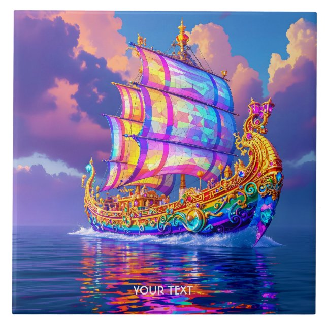 Fantasy Cute Rainbow Colors Ship Ceramic Tile (Front)