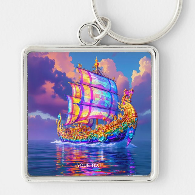Fantasy Cute Rainbow Colors Ship Keychain (Front)