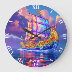 Fantasy Cute Rainbow Colors Ship Large Clock