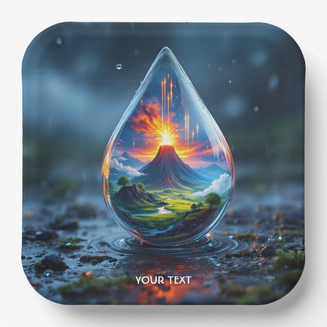Fantasy Cute Raindrop Volcano Landscape Paper Plates (Front)
