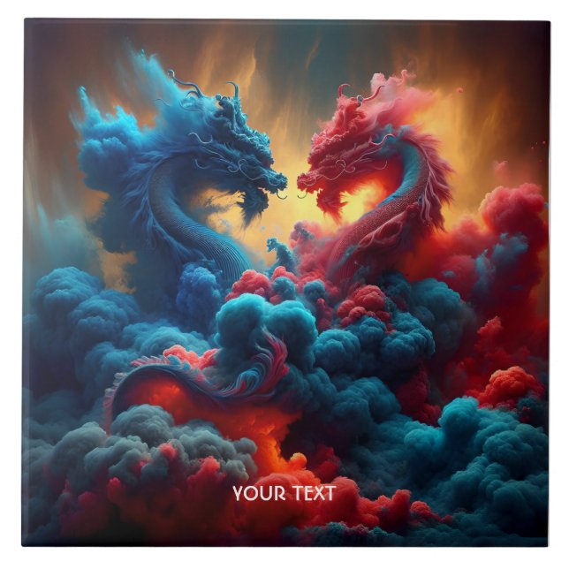 Fantasy Cute Red Blue Dragons Ceramic Tile (Front)