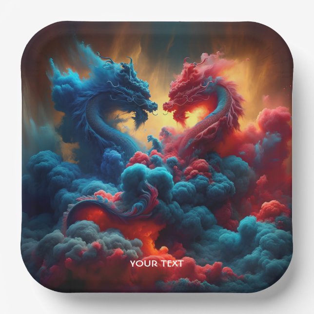 Fantasy Cute Red Blue Dragons Paper Plates (Front)