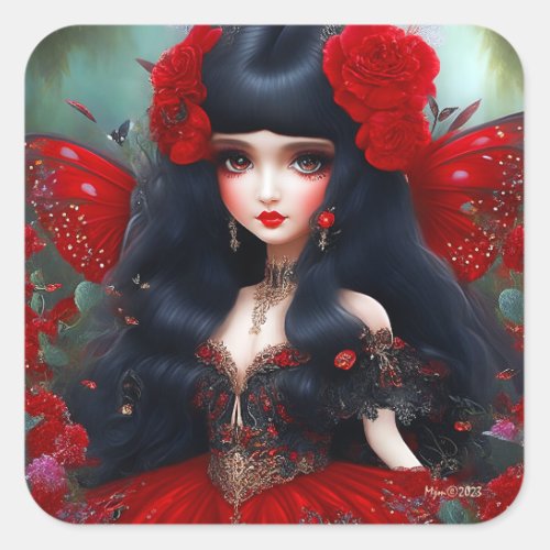 Fantasy Cute Red Fairy Princess Decoupage Square Sticker
