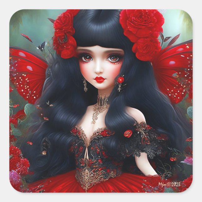 Fantasy Cute Red Fairy Princess Decoupage Square Sticker (Front)