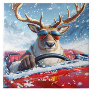 Fantasy Cute Reindeer Car Winter Ceramic Tile