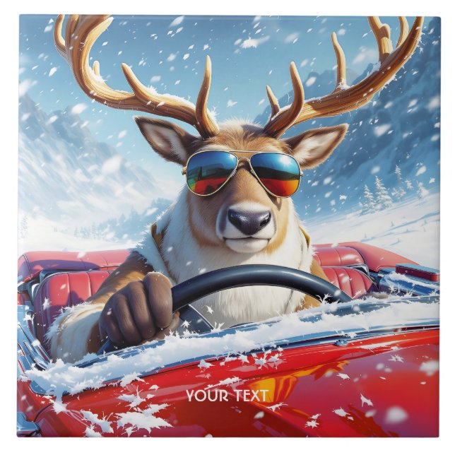 Fantasy Cute  Reindeer Car Winter Ceramic Tile (Front)