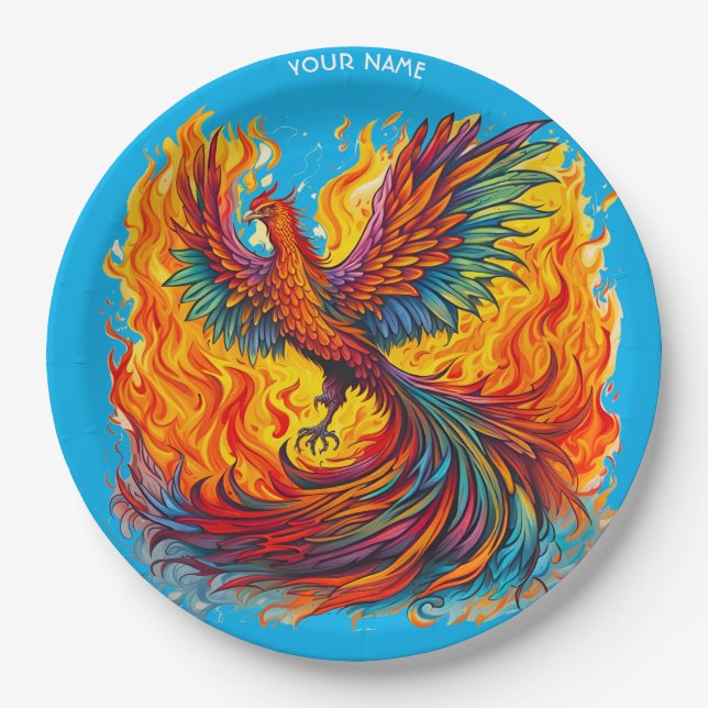 Fantasy Cute Rising Phoenix Flames Paper Plates (Front)