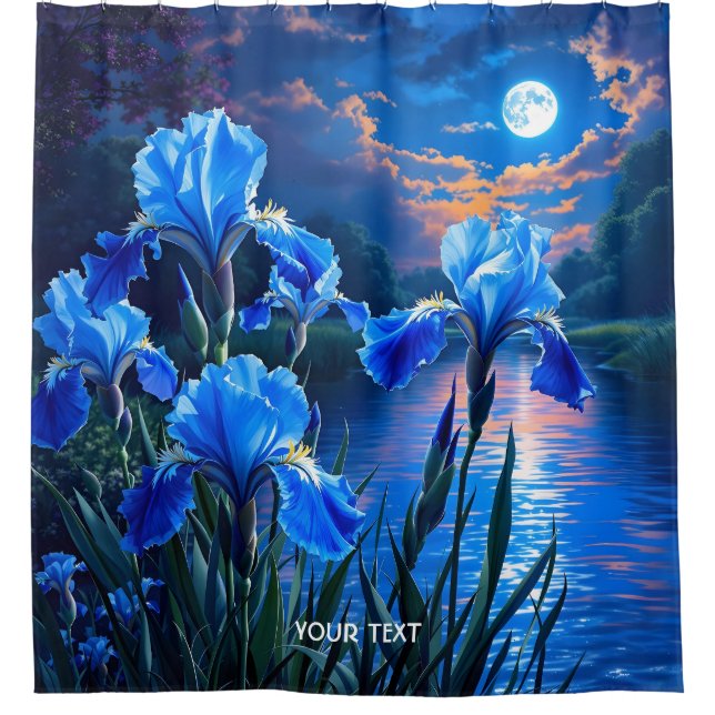 Fantasy Cute River Blue Irises Shower Curtain (Front)