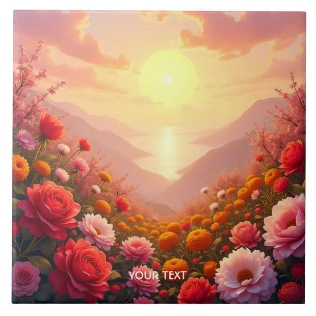 Fantasy Cute River Flowers Sunset Ceramic Tile (Front)