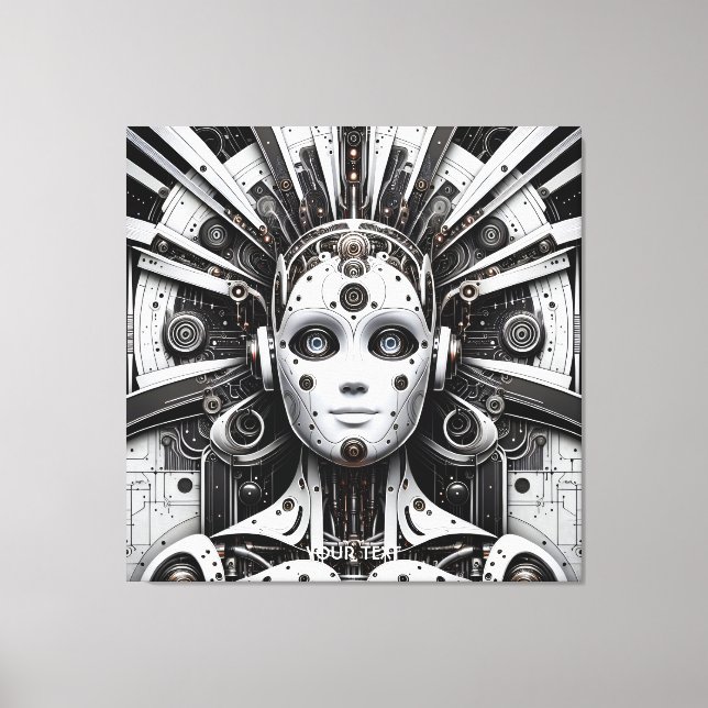 Fantasy Cute Robot Black White Canvas Print (Front)